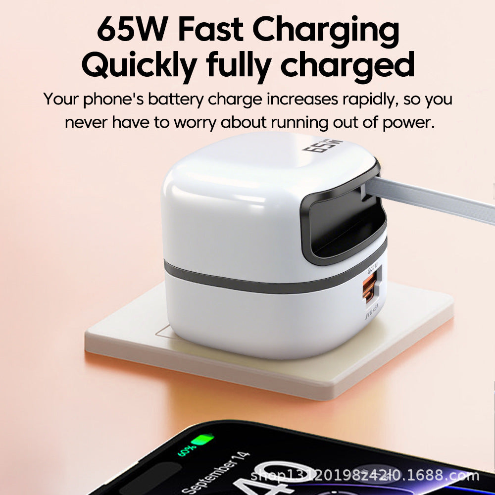 Portable 65W Fast Charger with Retractable Cable