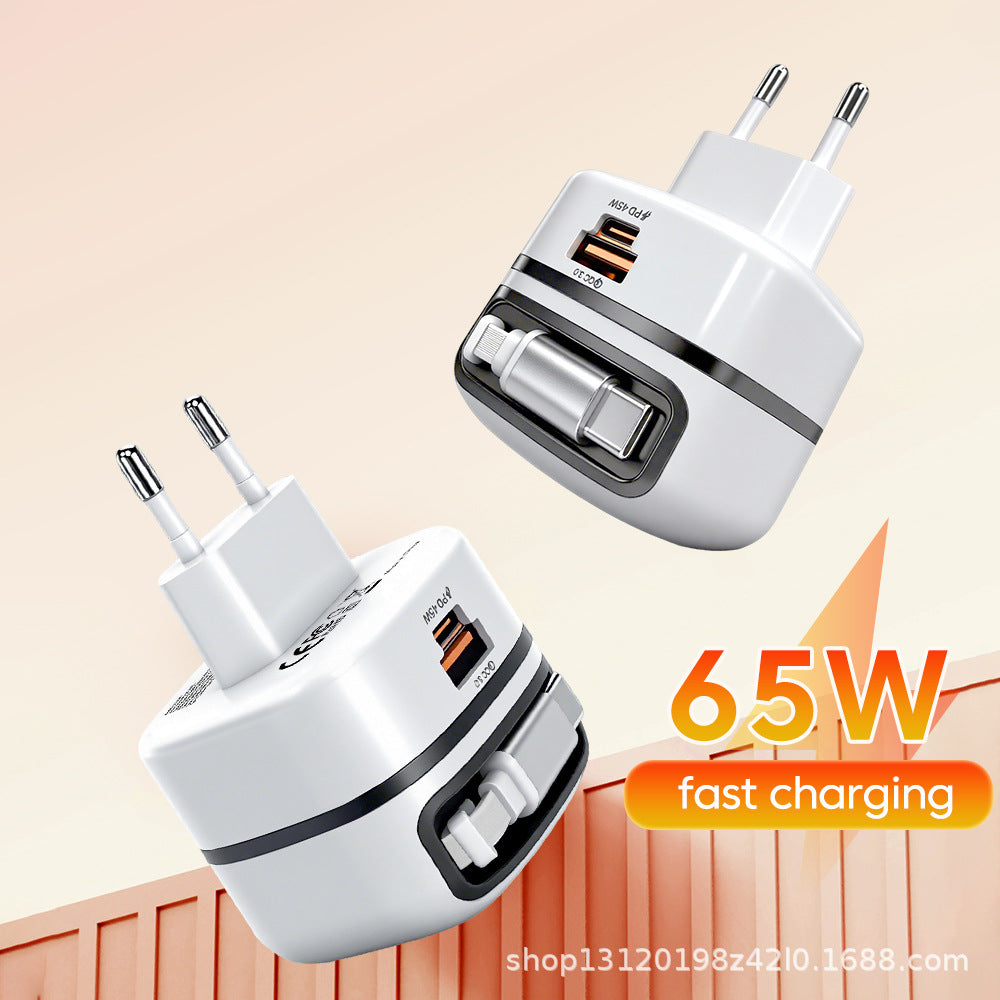 Portable 65W Fast Charger with Retractable Cable